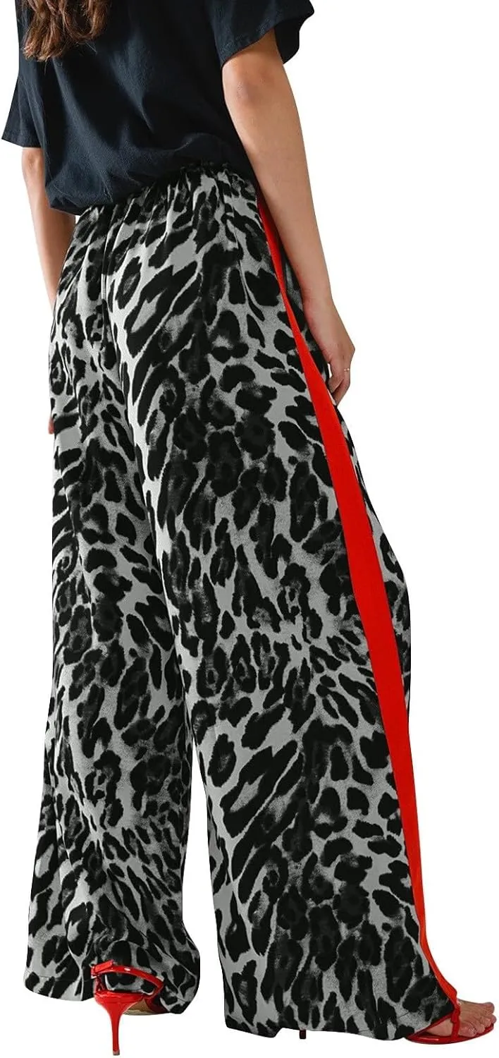 Kubbon Leopard Pants Women Elastic Waisted Wide Leg Pants Casual Stretchy Lounge Pant Palazzo Trousers with Pockets