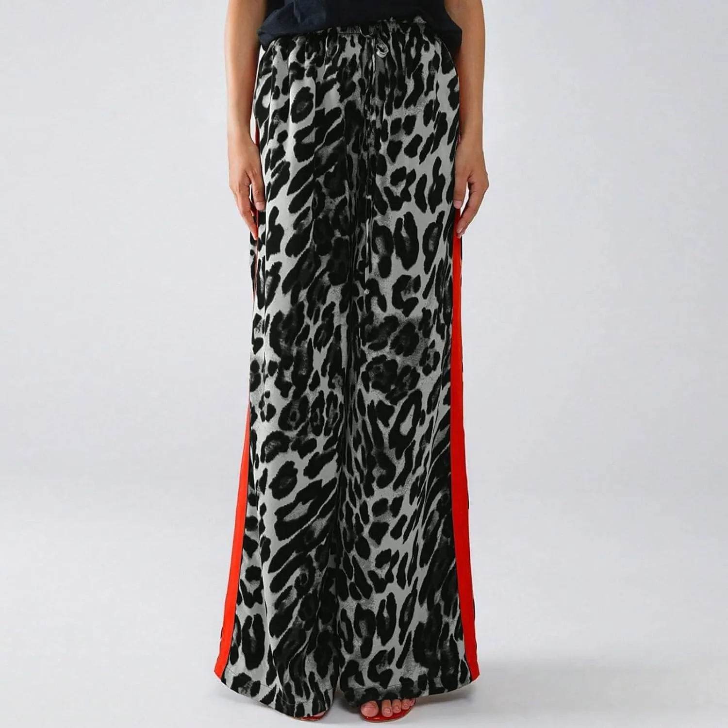 Kubbon Leopard Pants Women Elastic Waisted Wide Leg Pants Casual Stretchy Lounge Pant Palazzo Trousers with Pockets