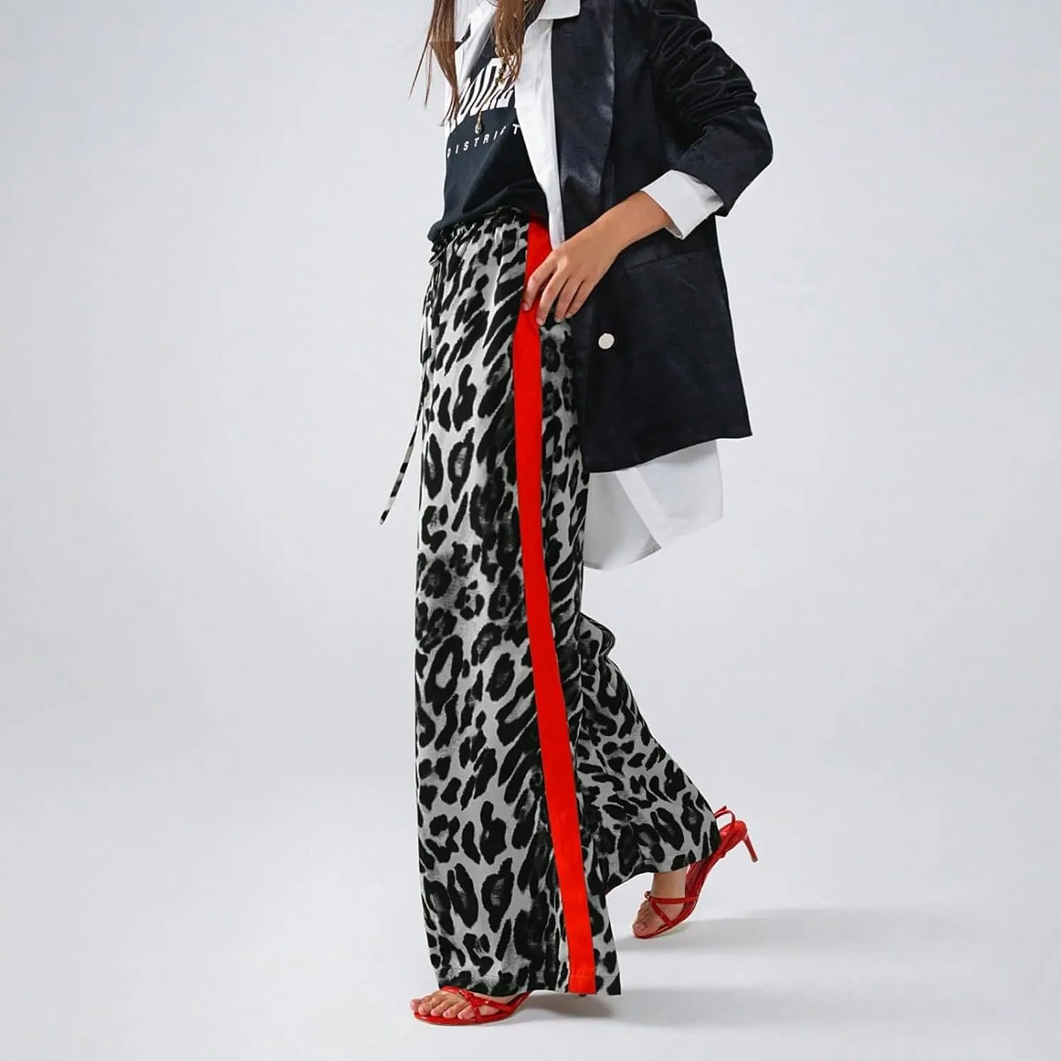 Kubbon Leopard Pants Women Elastic Waisted Wide Leg Pants Casual Stretchy Lounge Pant Palazzo Trousers with Pockets