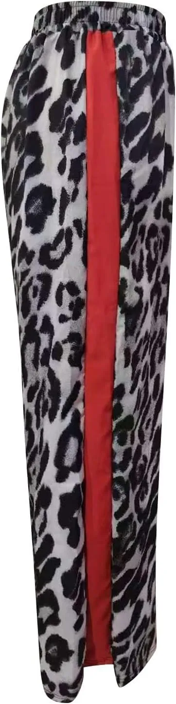 Kubbon Leopard Pants Women Elastic Waisted Wide Leg Pants Casual Stretchy Lounge Pant Palazzo Trousers with Pockets