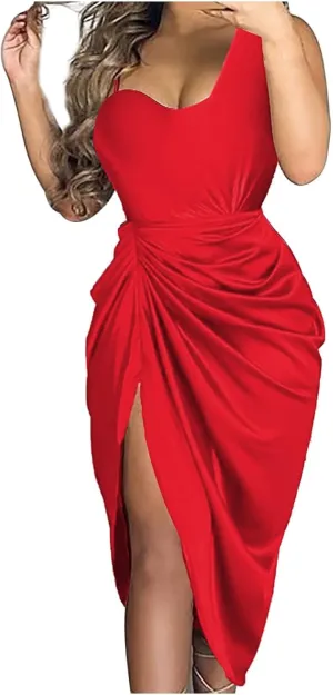 KUIOLYPOER Summer Wedding Guest Dress Women Sexy Sequin Slit Maxi Dresses Smocked Solid Color One Shoulder Cocktail Dress