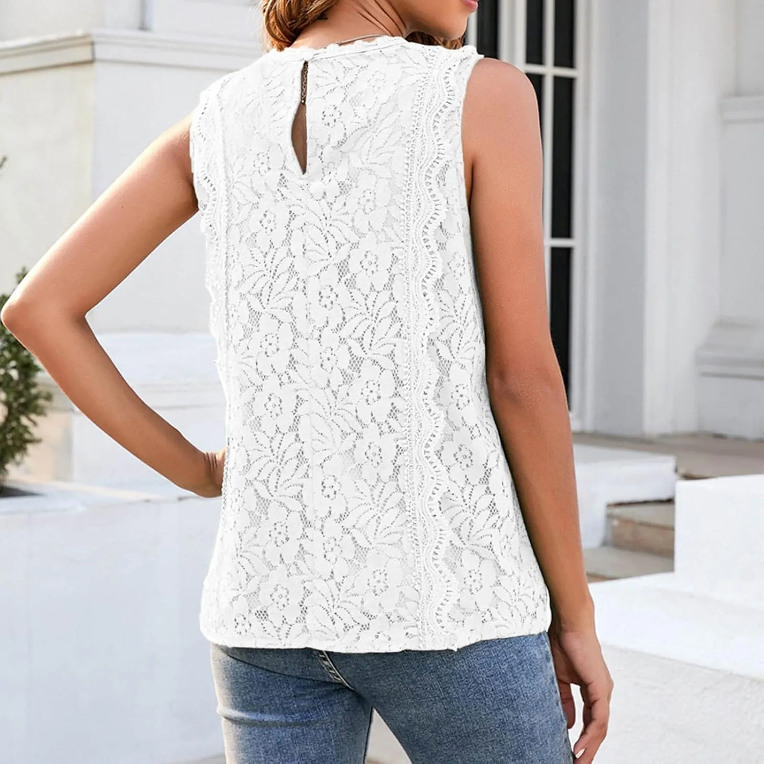 Lace Embroidered Camisole Top Women's Sleeveless Pure Color Sheer Summer Party Wear Delicate Tank Shirt Vest