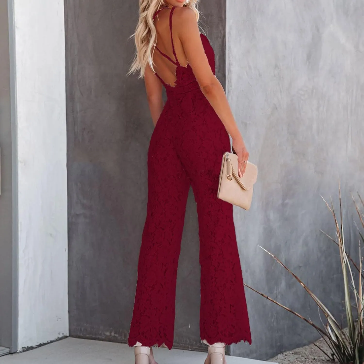 Lace V Neck Jumpsuit for Women Embroideried Floral Spagetti Strap Sleeveless Rompers One Piece Wedding Overalls