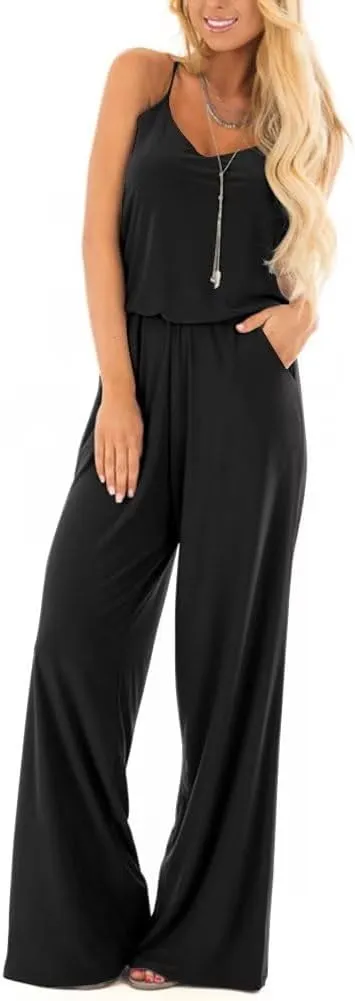 Lacozy Womens Casual Loose Sleeveless Spaghetti Strap Wide Leg Pants Jumpsuit Rompers