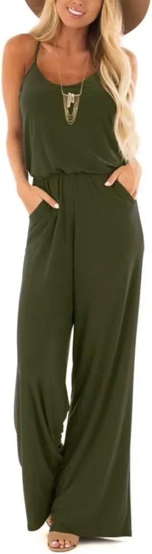 Lacozy Womens Casual Loose Sleeveless Spaghetti Strap Wide Leg Pants Jumpsuit Rompers