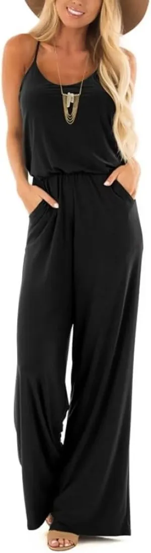 Lacozy Womens Casual Loose Sleeveless Spaghetti Strap Wide Leg Pants Jumpsuit Rompers