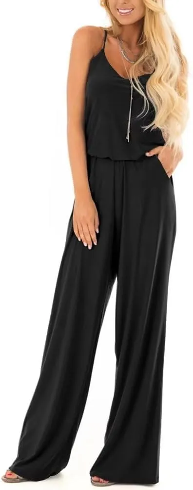 Lacozy Womens Casual Loose Sleeveless Spaghetti Strap Wide Leg Pants Jumpsuit Rompers