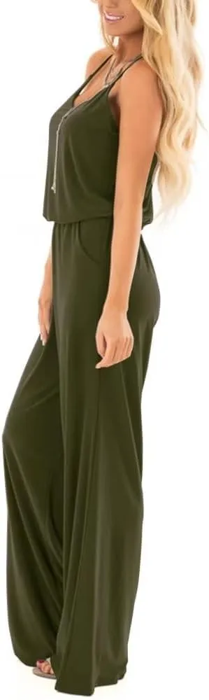 Lacozy Womens Casual Loose Sleeveless Spaghetti Strap Wide Leg Pants Jumpsuit Rompers