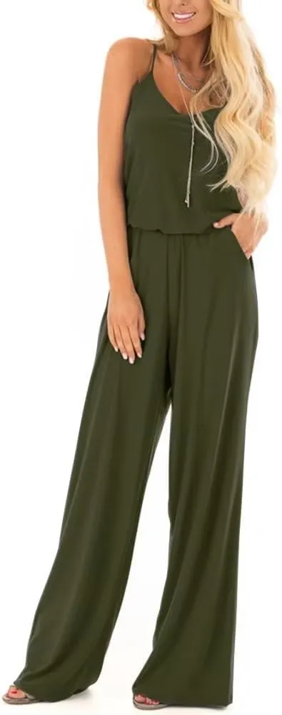 Lacozy Womens Casual Loose Sleeveless Spaghetti Strap Wide Leg Pants Jumpsuit Rompers