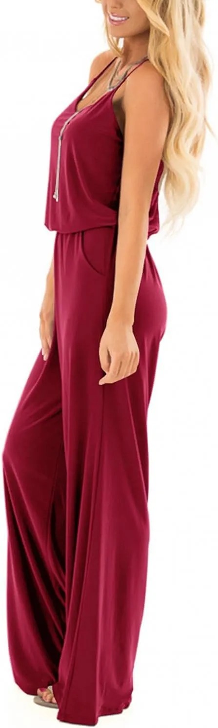 Lacozy Womens Casual Loose Sleeveless Spaghetti Strap Wide Leg Pants Jumpsuit Rompers
