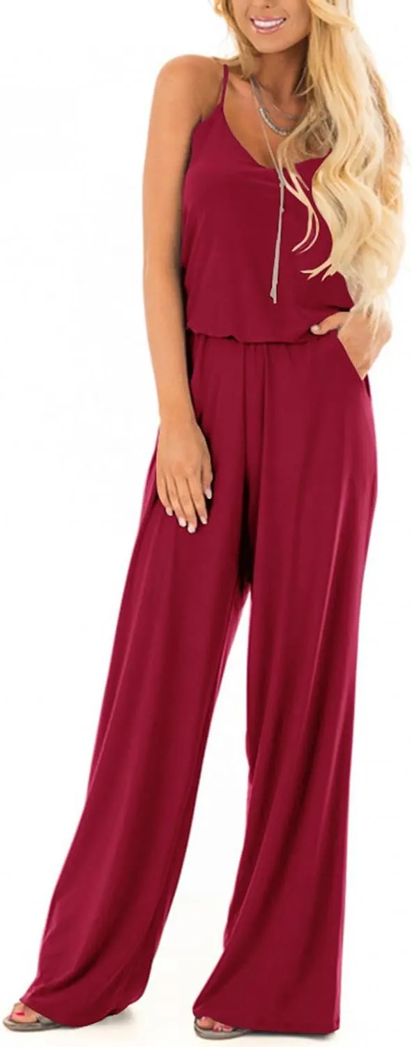 Lacozy Womens Casual Loose Sleeveless Spaghetti Strap Wide Leg Pants Jumpsuit Rompers