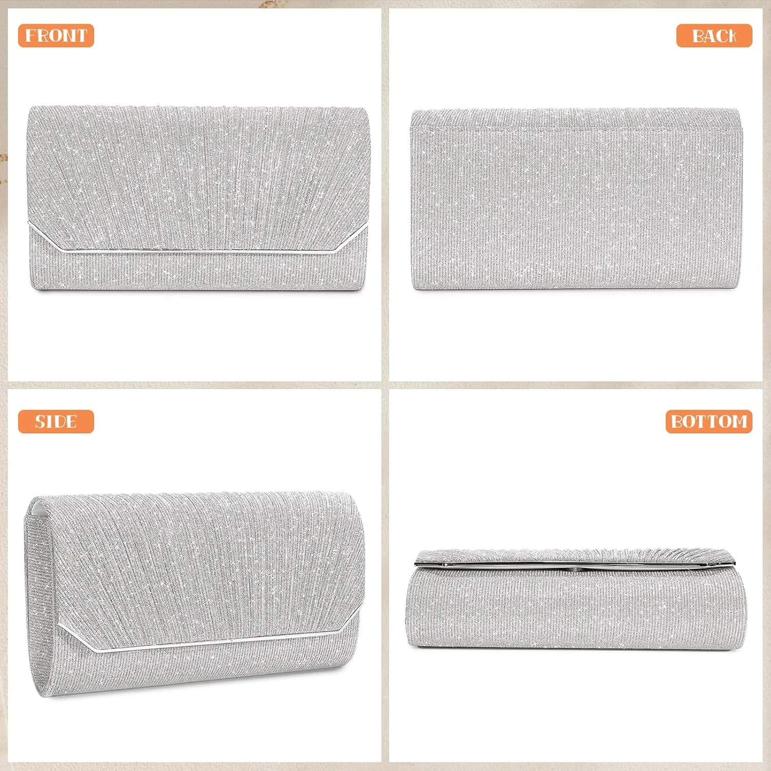 Ladies Pleated Evening Clutches Glitter Envelope Handbag Elegant Small Shoulder Bag for Wedding Party Prom Bridal