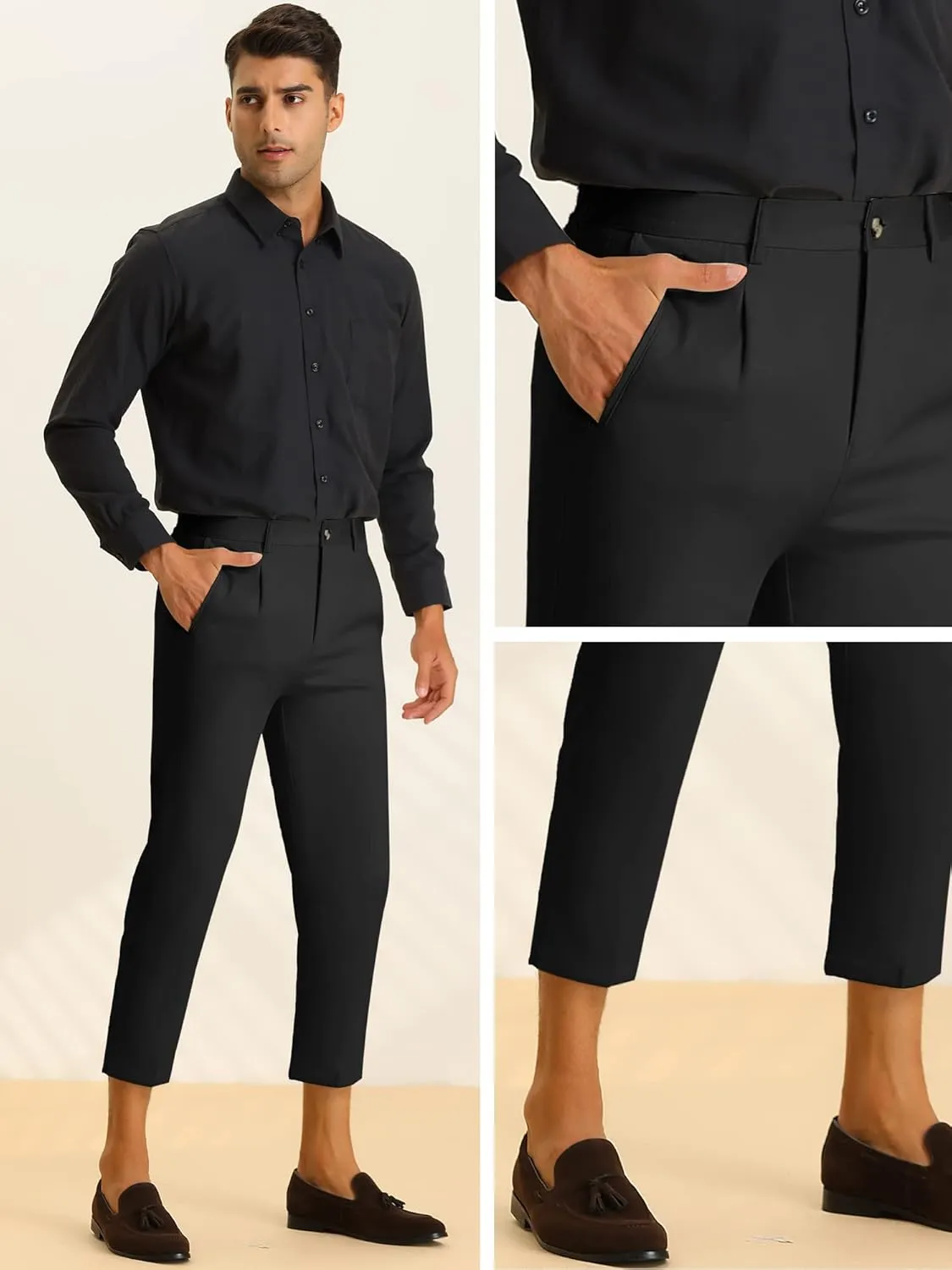 Lars Amadeus Solid Cropped Pants for Men's Slim Fit Pleated Front Ankle Length Tapered Dress Pants