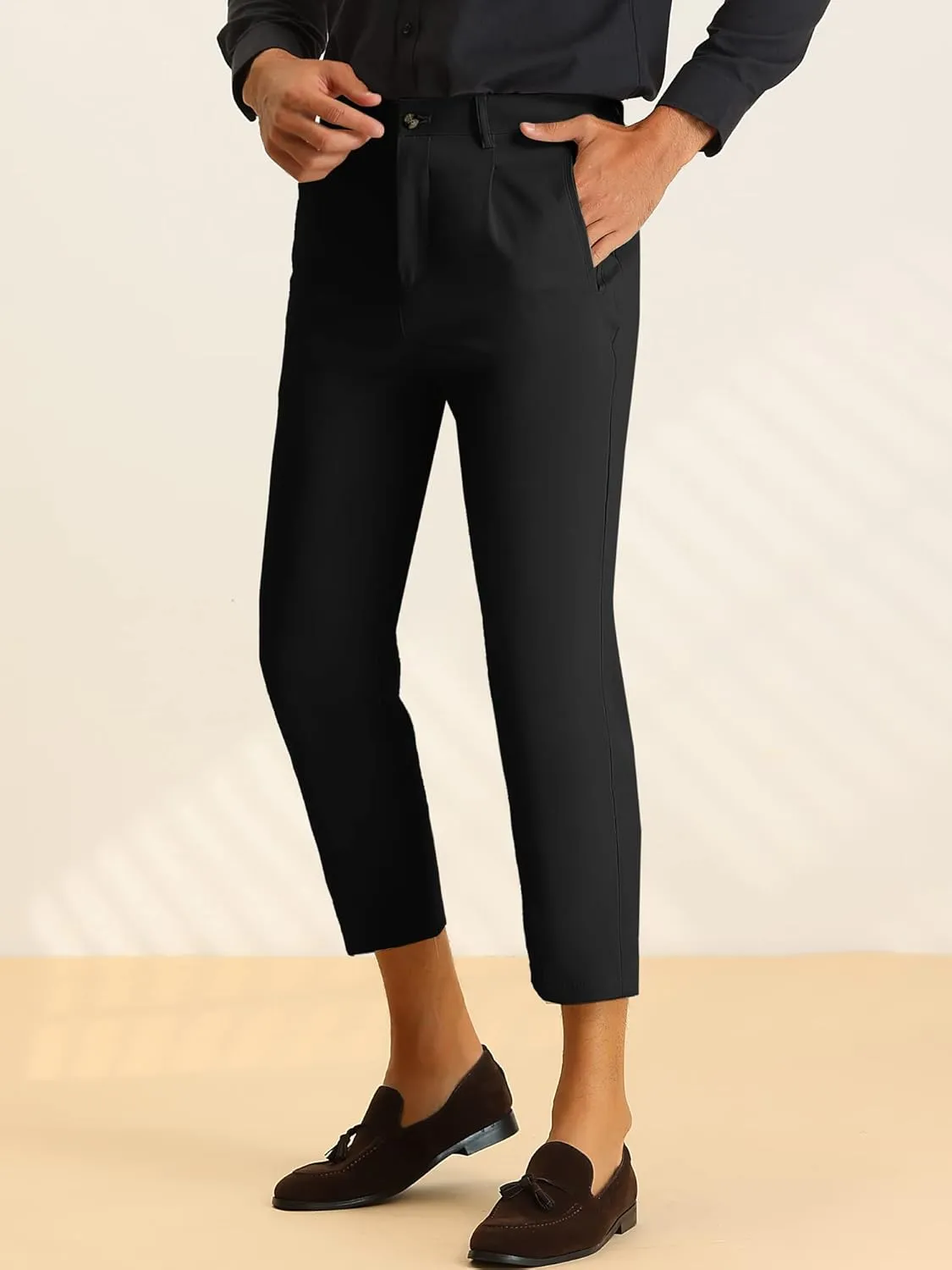 Lars Amadeus Solid Cropped Pants for Men's Slim Fit Pleated Front Ankle Length Tapered Dress Pants
