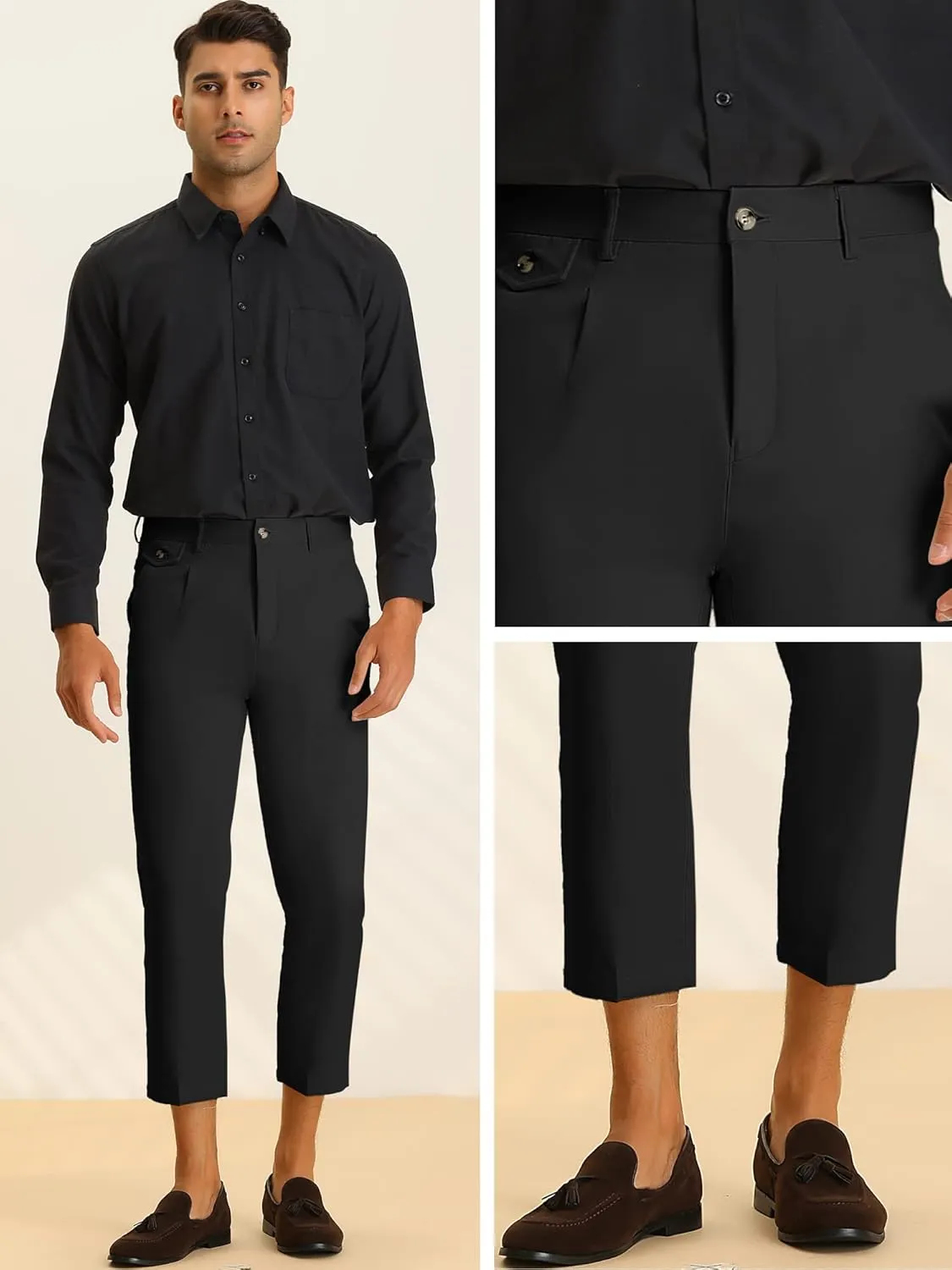 Lars Amadeus Solid Cropped Pants for Men's Slim Fit Pleated Front Ankle Length Tapered Dress Pants