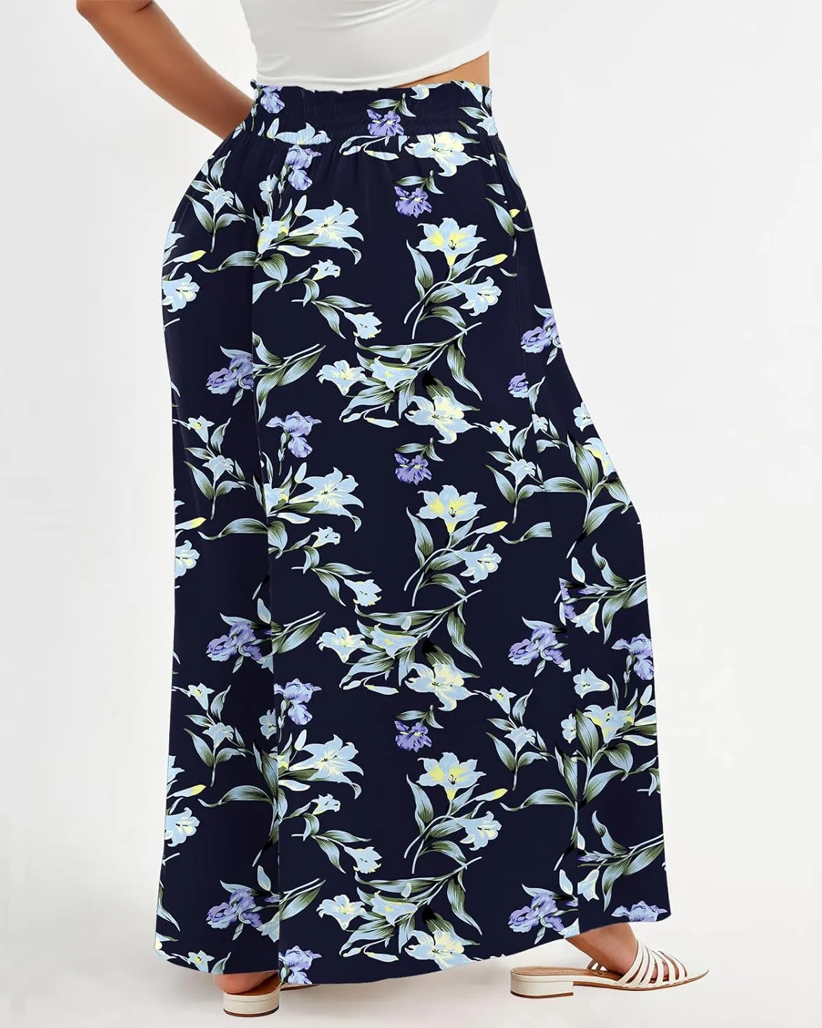 Lastshe Women's Plus Size Pants Wide Leg High Waist Flowy Casual Palazzo 2025 Summer Lounge Boho Beach Trousers Pockets