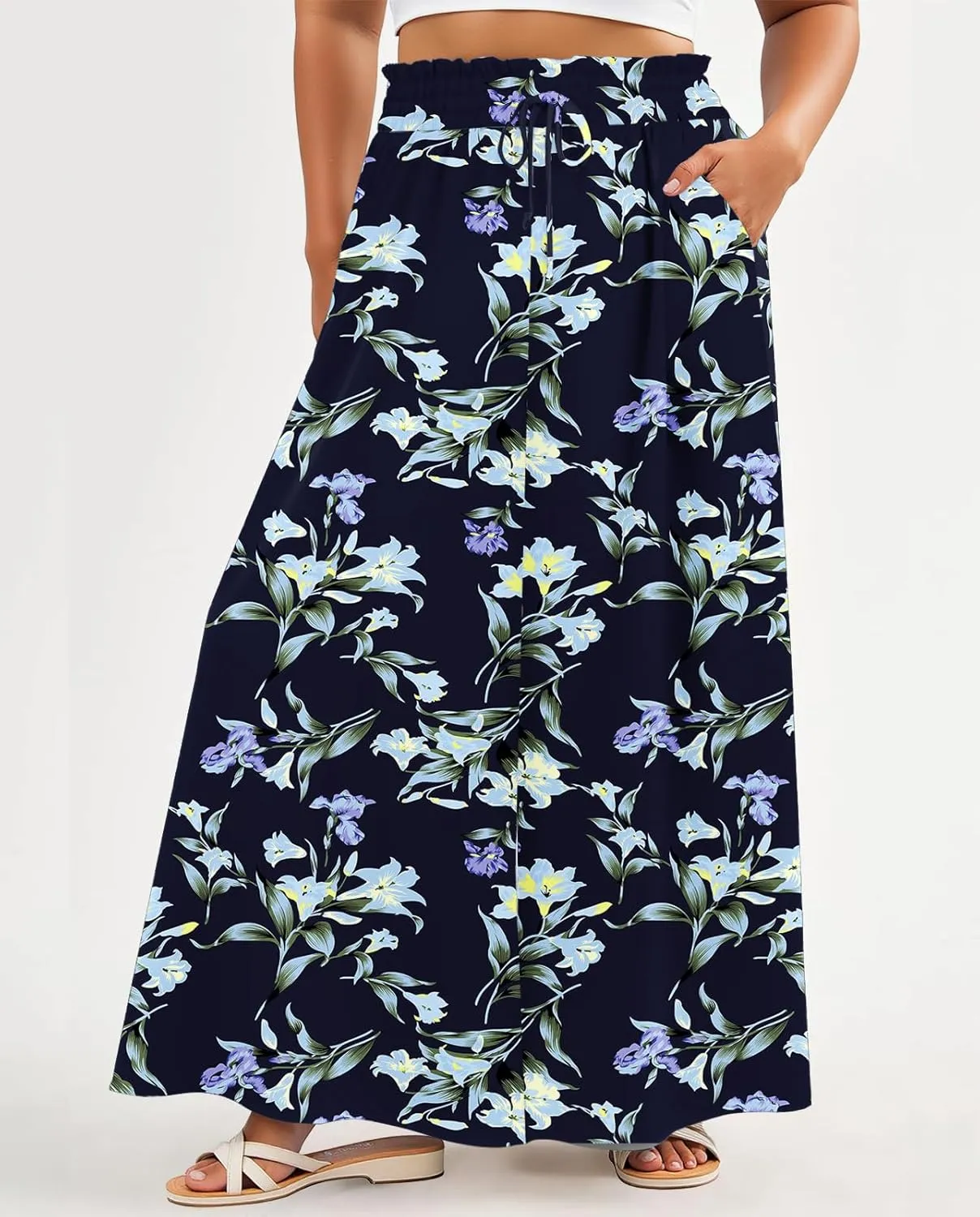 Lastshe Women's Plus Size Pants Wide Leg High Waist Flowy Casual Palazzo 2025 Summer Lounge Boho Beach Trousers Pockets