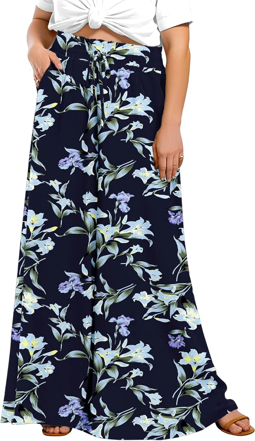 Lastshe Women's Plus Size Pants Wide Leg High Waist Flowy Casual Palazzo 2025 Summer Lounge Boho Beach Trousers Pockets