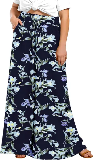 Lastshe Women's Plus Size Pants Wide Leg High Waist Flowy Casual Palazzo 2025 Summer Lounge Boho Beach Trousers Pockets