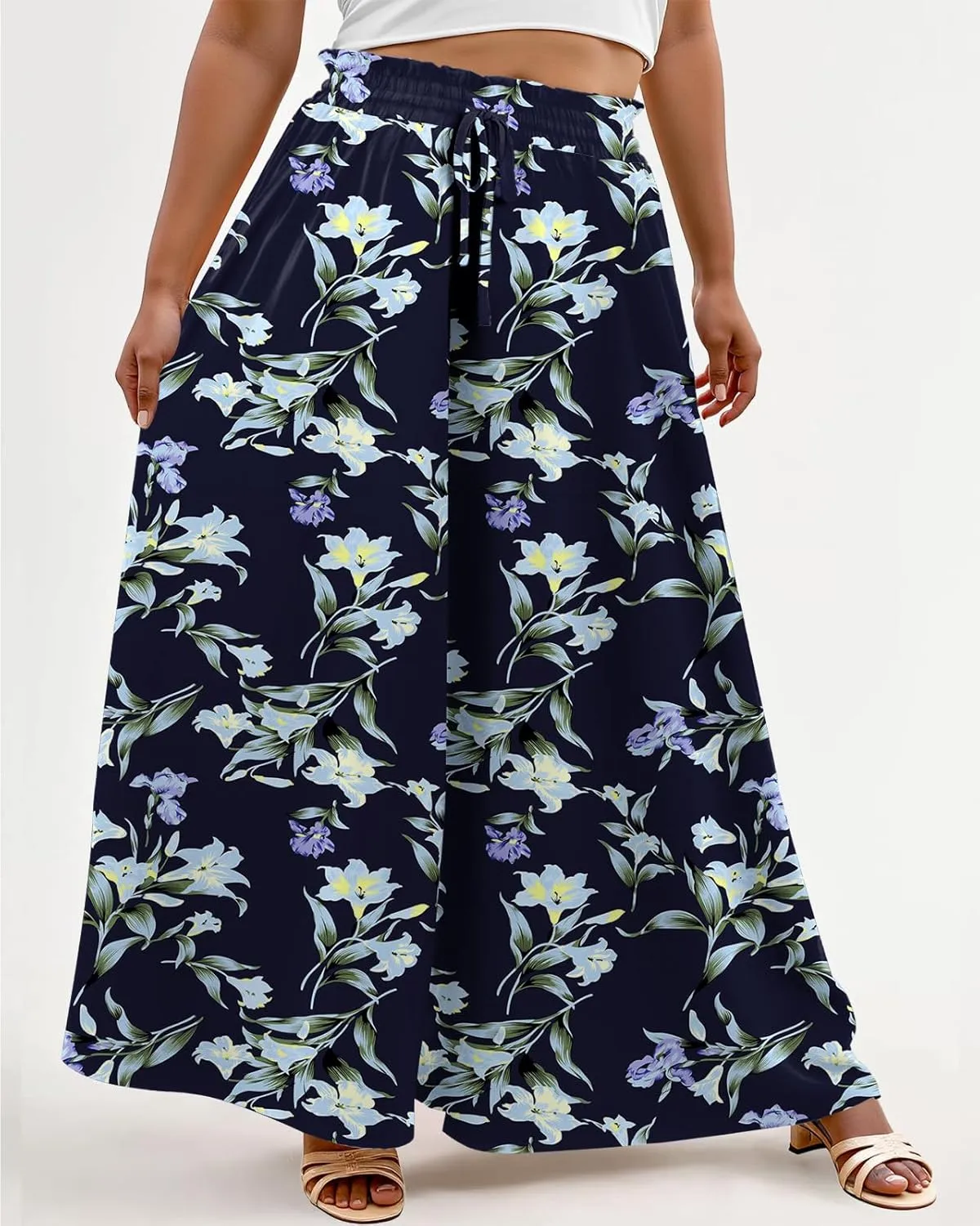 Lastshe Women's Plus Size Pants Wide Leg High Waist Flowy Casual Palazzo 2025 Summer Lounge Boho Beach Trousers Pockets