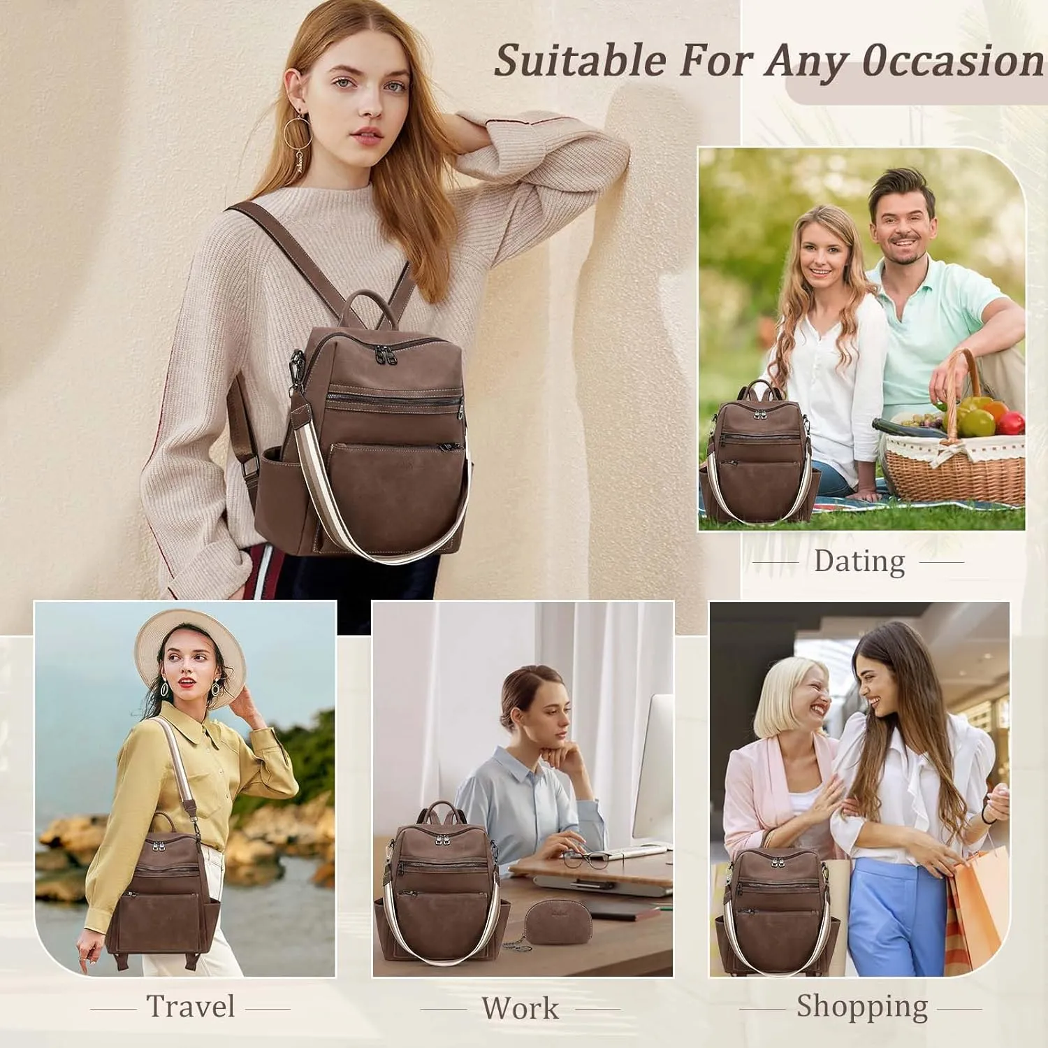Leather Backpack Purse for Women Designer Ladies Shoulder Bag Fashion Faux Work Travel Handbags