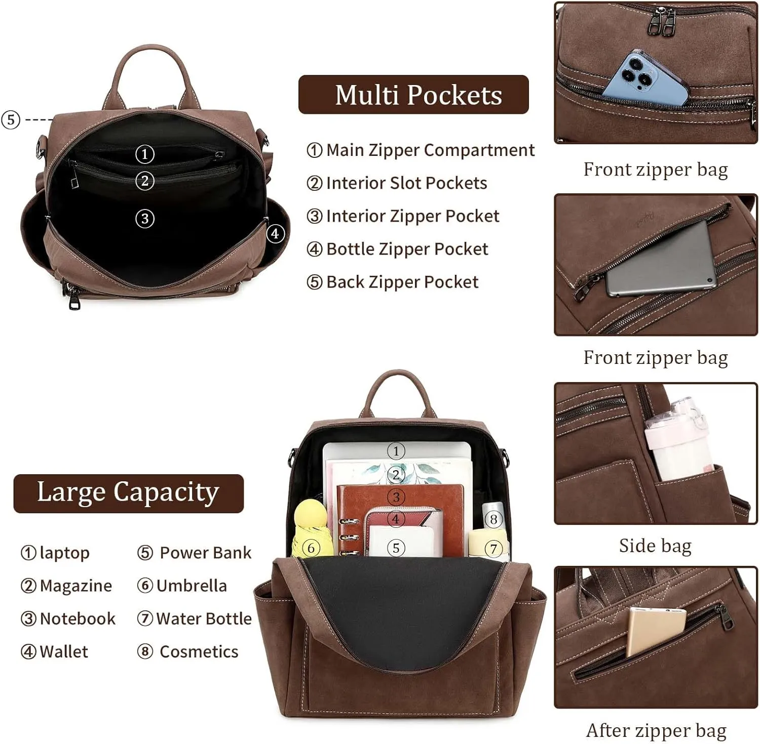 Leather Backpack Purse for Women Designer Ladies Shoulder Bag Fashion Faux Work Travel Handbags
