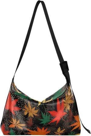 Leaves Dot Black Tote Bag for Women Large Hobo Bags Leather Crossbody Bags Shoulder Slouchy Handbags with Adjustable Strap for School Girl