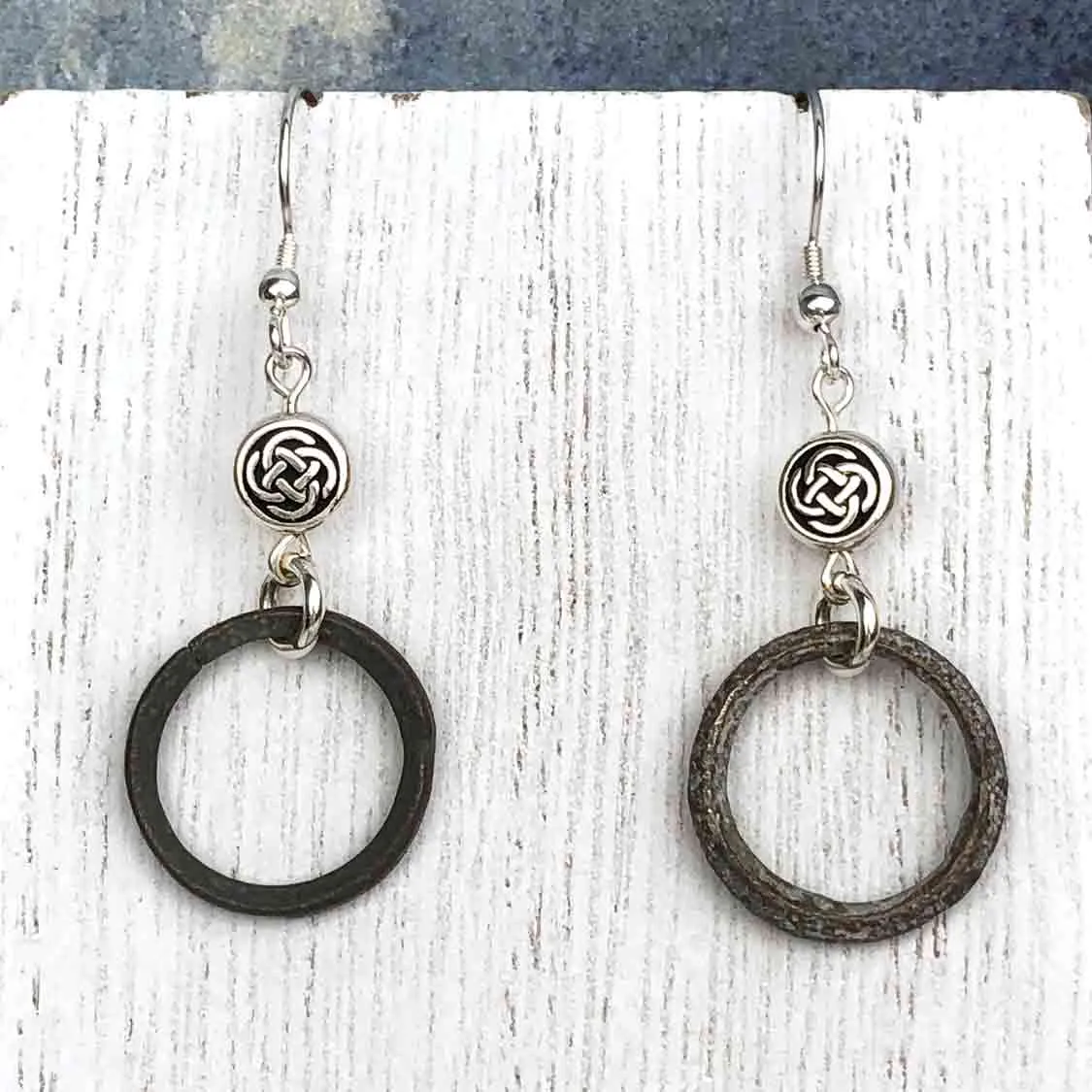 Light to Dark Green Bronze Celtic Ring Money Earrings with Celtic Knot Charms | Artifact #6590