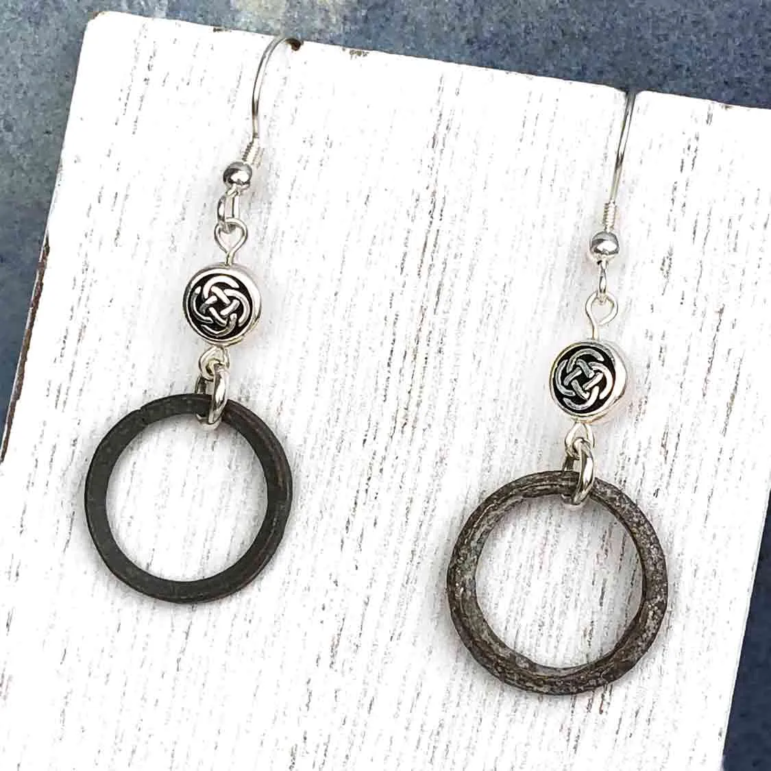 Light to Dark Green Bronze Celtic Ring Money Earrings with Celtic Knot Charms | Artifact #6590