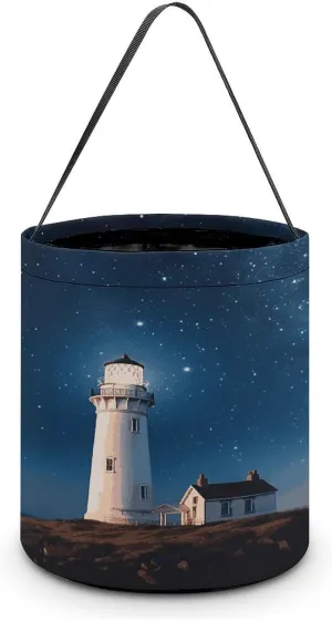 Lighthouse Under Starry Night Sky Halloween Tote Candy Bag Candy Basket Candy Bucket Gift Bag for Halloween Party