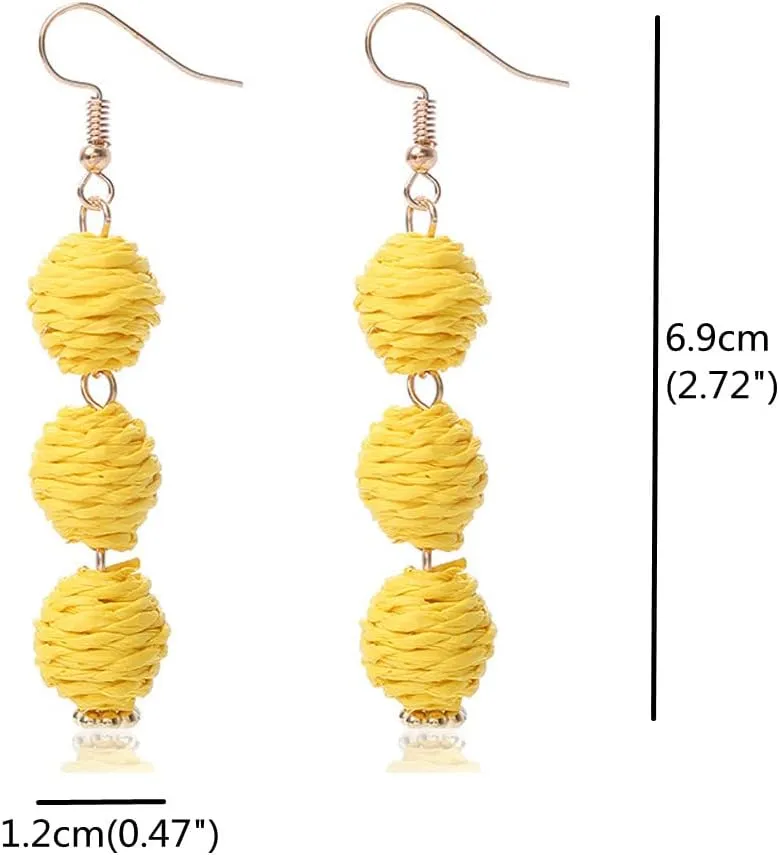 Lightweight Boho Thread Raffia Earrings for Women Handmade Braided Straw Wicker Lantern Ball Earrings Summer Beach Bohemian Geometric Earrings Holiday