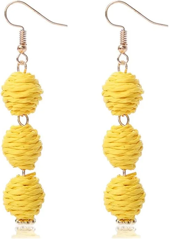 Lightweight Boho Thread Raffia Earrings for Women Handmade Braided Straw Wicker Lantern Ball Earrings Summer Beach Bohemian Geometric Earrings Holiday