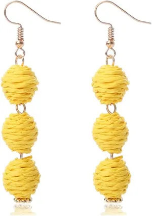 Lightweight Boho Thread Raffia Earrings for Women Handmade Braided Straw Wicker Lantern Ball Earrings Summer Beach Bohemian Geometric Earrings Holiday