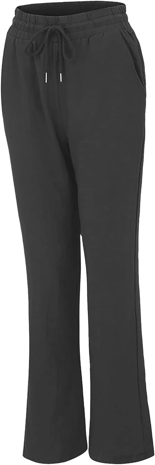 Linen Pants Women Casual Straight Leg Drawstring Elastic High Waist Pants Loose Palazzo Trousers with Pockets