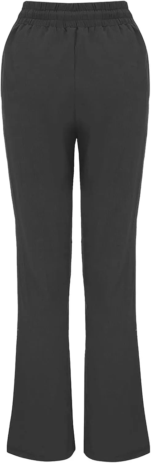 Linen Pants Women Casual Straight Leg Drawstring Elastic High Waist Pants Loose Palazzo Trousers with Pockets