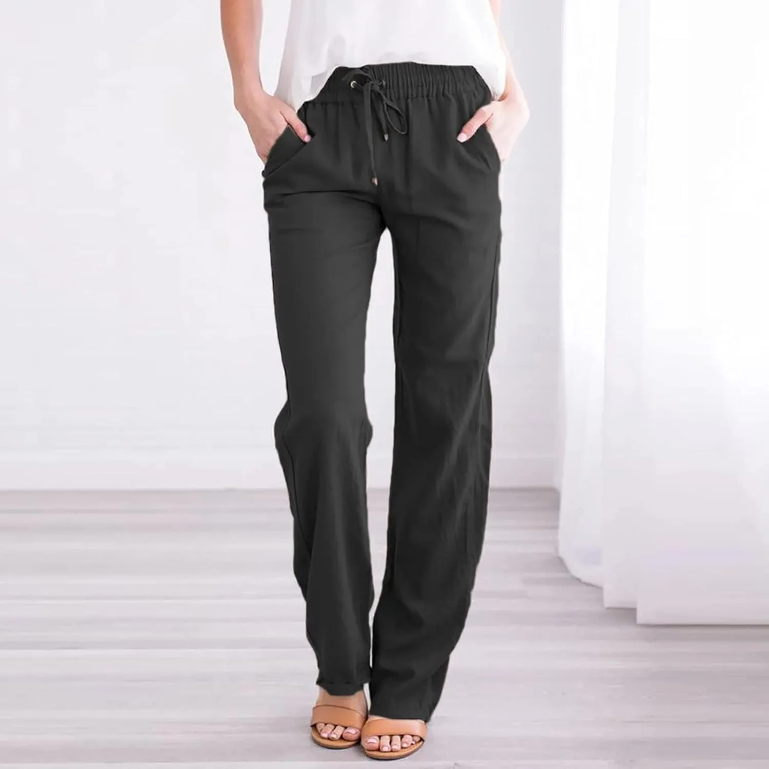 Linen Pants Women Casual Straight Leg Drawstring Elastic High Waist Pants Loose Palazzo Trousers with Pockets
