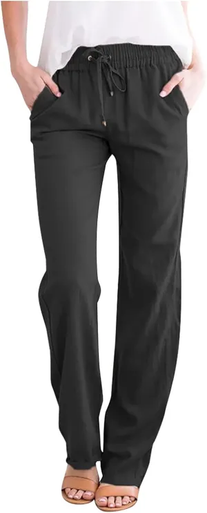 Linen Pants Women Casual Straight Leg Drawstring Elastic High Waist Pants Loose Palazzo Trousers with Pockets