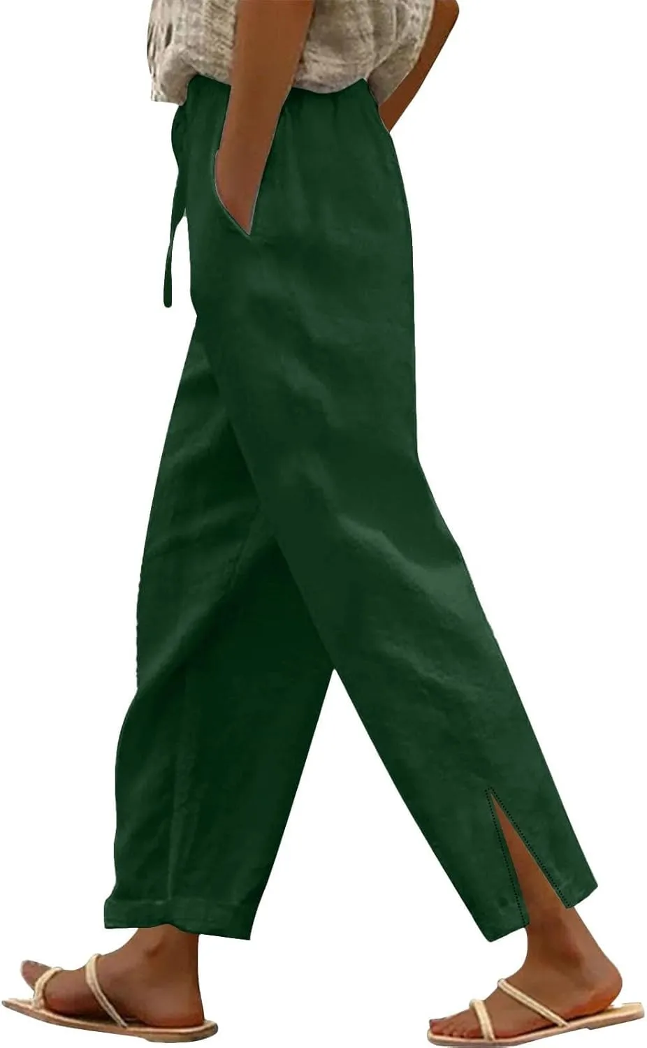 Linen Pants Women Summer Elastic Waist Pants Straight Leg Pants Lounge Beach Trousers with Pockets