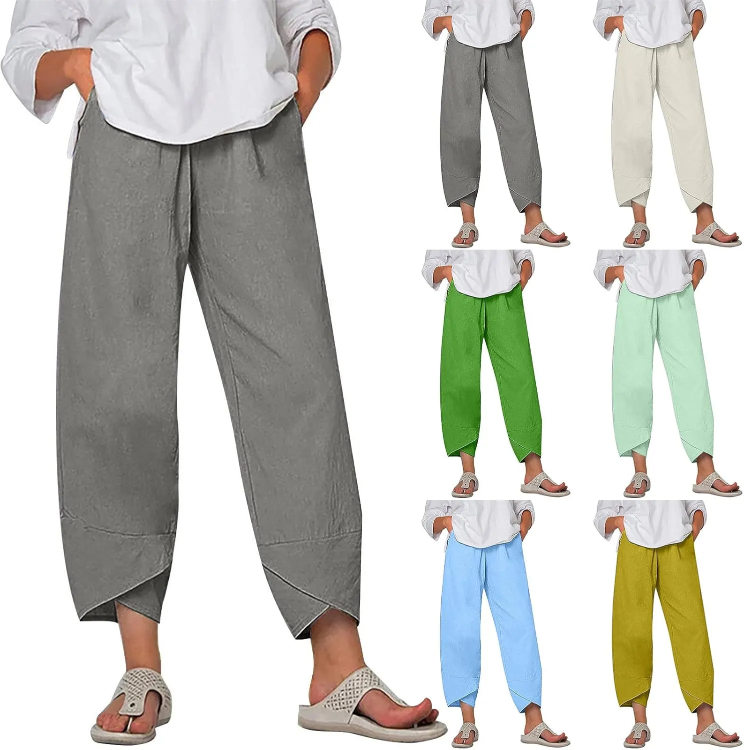 Linen Pants Women Summer Trendy Wide Leg Tulip Hem Trousers Casual Lightweight Elastic High Waist Beach Palazzo