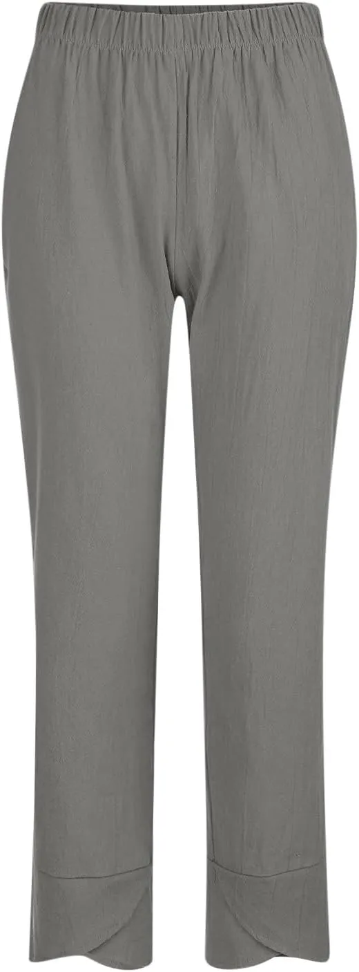 Linen Pants Women Summer Trendy Wide Leg Tulip Hem Trousers Casual Lightweight Elastic High Waist Beach Palazzo