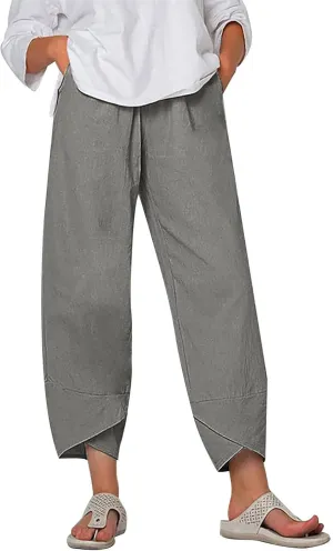 Linen Pants Women Summer Trendy Wide Leg Tulip Hem Trousers Casual Lightweight Elastic High Waist Beach Palazzo