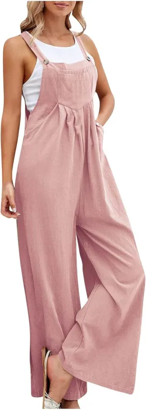 Linen Wide Leg Jumpsuits for Women Casual Adjustable Strap Baggy Overalls Loose Fit Sleeveless Palazzo Pants Rompers