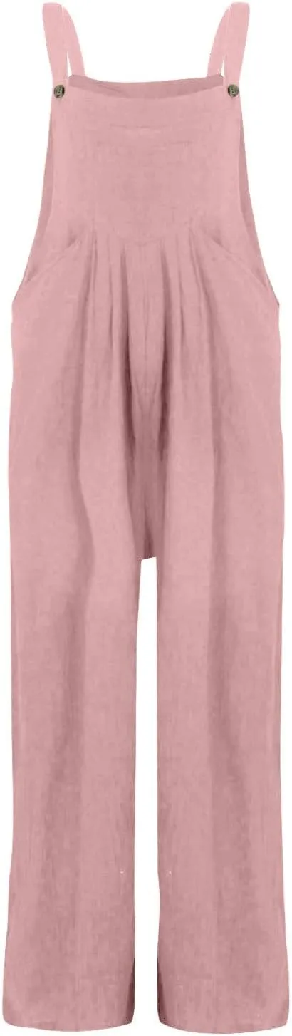 Linen Wide Leg Jumpsuits for Women Casual Adjustable Strap Baggy Overalls Loose Fit Sleeveless Palazzo Pants Rompers