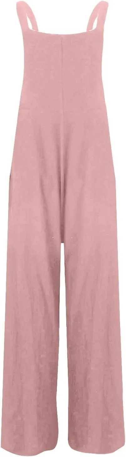 Linen Wide Leg Jumpsuits for Women Casual Adjustable Strap Baggy Overalls Loose Fit Sleeveless Palazzo Pants Rompers