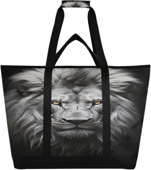 Lion Head Tote Bag for Women with Zipper Reusable Grocery Bags Foldable Insulated Cooler Bag Totes Handbags Shopping Bags for Groceries Travel Beach Picnic Work