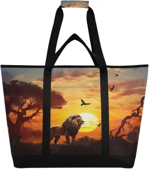 Lion Standing Tote Bag for Women with Zipper Reusable Grocery Bags Foldable Insulated Cooler Bag Totes Handbags Shopping Bags for Groceries Travel Beach Picnic Work