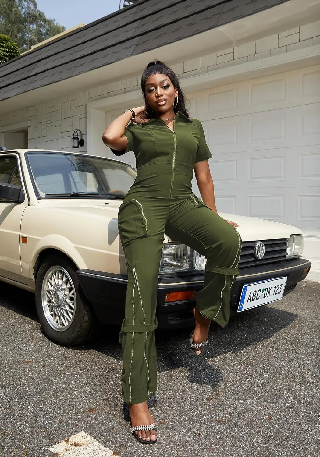 LKOUS Cargo Jumpsuits for Women Dressy, Sexy Short Sleeves V Neck Zipper One Piece Outfits with Pockets