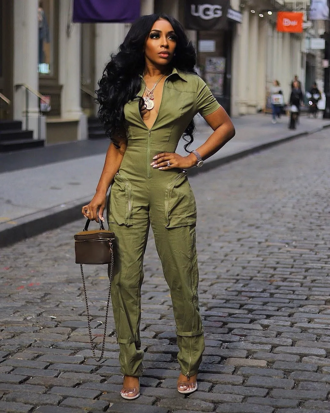 LKOUS Cargo Jumpsuits for Women Dressy, Sexy Short Sleeves V Neck Zipper One Piece Outfits with Pockets