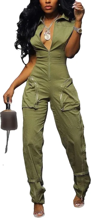 LKOUS Cargo Jumpsuits for Women Dressy, Sexy Short Sleeves V Neck Zipper One Piece Outfits with Pockets