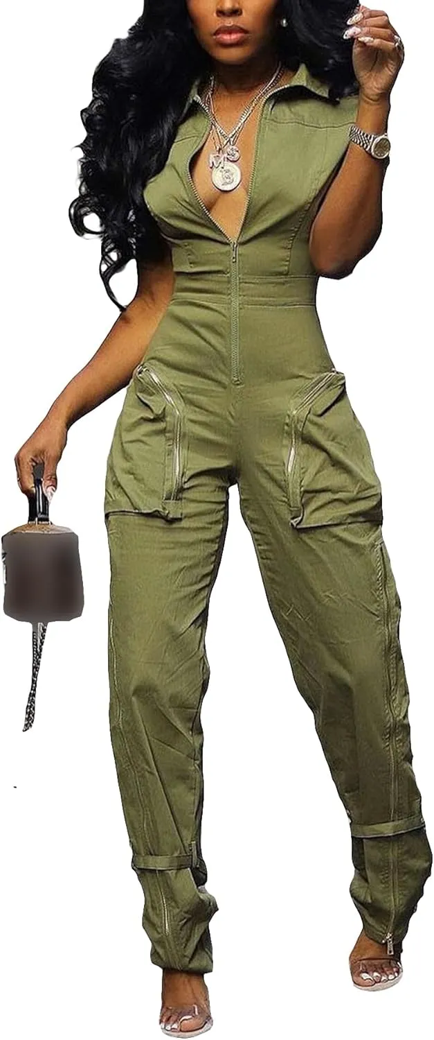 LKOUS Cargo Jumpsuits for Women Dressy, Sexy Short Sleeves V Neck Zipper One Piece Outfits with Pockets